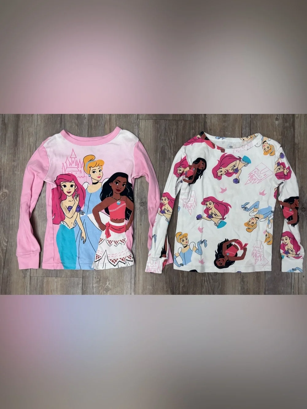 2 Disney Girls Long Sleeve Princess Pajama Tops in Pink and White